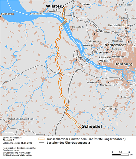 möglicher Trassenverlauf der Abschnitts Wilster – Scheeßel des BBPlG-Vorhabens 4; eine detaillierte Darstellung finden Sie in den Antragsunterlagen