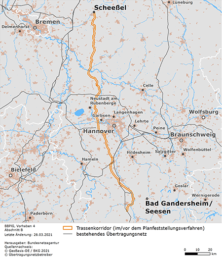 möglicher Trassenverlauf der Abschnitts Scheeßel – Bad Gandersheim/Seesen des BBPlG-Vorhabens 4; eine detaillierte Darstellung finden Sie in den Antragsunterlagen