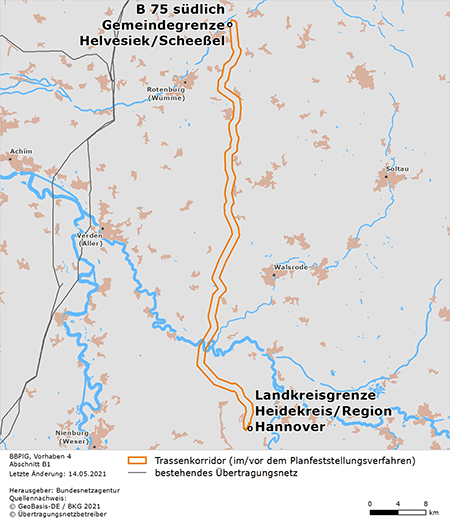 möglicher Trassenverlauf des Abschnitts zwischen den Punkten B 75 südlich Gemeinde­grenze Helve­siek/Scheeßel und Grenze Heide­kreis / Region Hannover