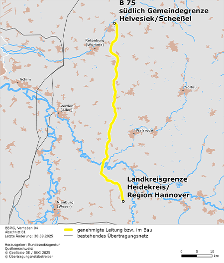Trassenverlauf des Abschnitts zwischen den Punkten B 75 südlich Gemeindegrenze Helvesiek/Scheeßel und Grenze Heidekreis / Region Hannover Trassenverlauf des Abschnitts zwischen den Punkten B 75 südlich Gemeindegrenze Helvesiek/Scheeßel und Grenze Heidekreis / Region Hannover