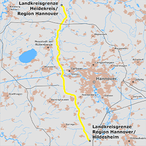 Trassenverlauf des Abschnitts zwischen den Punkten Grenze Heidekreis / Region Hannover und Grenze Region Hannover / Landkreis Hildesheim Trassenverlauf des Abschnitts zwischen den Punkten Grenze Heidekreis / Region Hannover und Grenze Region Hannover / Landkreis Hildesheim
