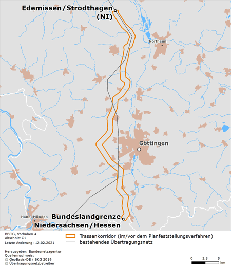 möglicher Trassenverlauf des Abschnitts Edemissen/Strodthagen – Landesgrenze Niedersachsen/Hessen des BBPlG-Vorhabens 4; eine detaillierte Darstellung finden Sie in den Antragsunterlagen