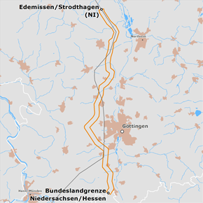 möglicher Trassenverlauf des Abschnitts Edemissen/Strodthagen – Landesgrenze Niedersachsen/Hessen des BBPlG-Vorhabens 4; eine detaillierte Darstellung finden Sie in den Antragsunterlagen