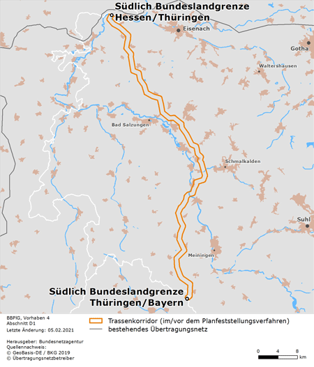 möglicher Trassenverlauf des Abschnitts Südlich Bundeslandgrenze Hessen/Thüringen – Südlich Bundeslandgrenze Thüringen/Bayern des BBPlG-Vorhabens 4; eine detaillierte Darstellung finden Sie in den Antragsunterlagen