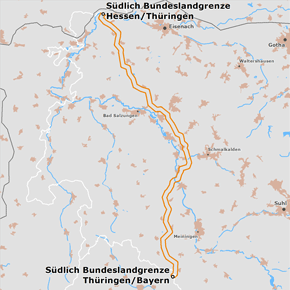 möglicher Trassenverlauf des Abschnitts Südlich Bundeslandgrenze Hessen/Thüringen – Südlich Bundeslandgrenze Thüringen/Bayern des BBPlG-Vorhabens 4; eine detaillierte Darstellung finden Sie in den Antragsunterlagen