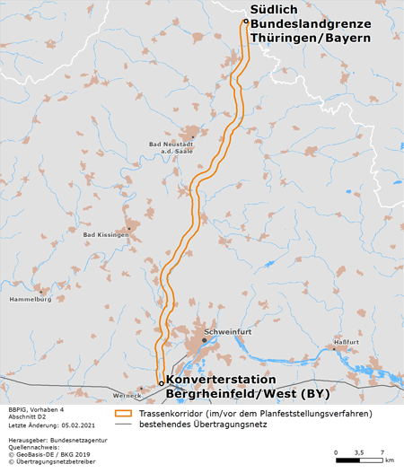 möglicher Trassenverlauf des Abschnitts Südlich Bundeslandgrenze Thüringen/Bayern - Konverterstation Bergrheinfeld/West des BBPlG-Vorhabens 4; eine detaillierte Darstellung finden Sie in den Antragsunterlagen