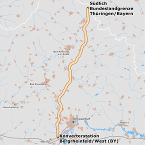 möglicher Trassenverlauf des Abschnitts Südlich Bundeslandgrenze Thüringen/Bayern - Konverterstation Bergrheinfeld/West des BBPlG-Vorhabens 4; eine detaillierte Darstellung finden Sie in den Antragsunterlagen