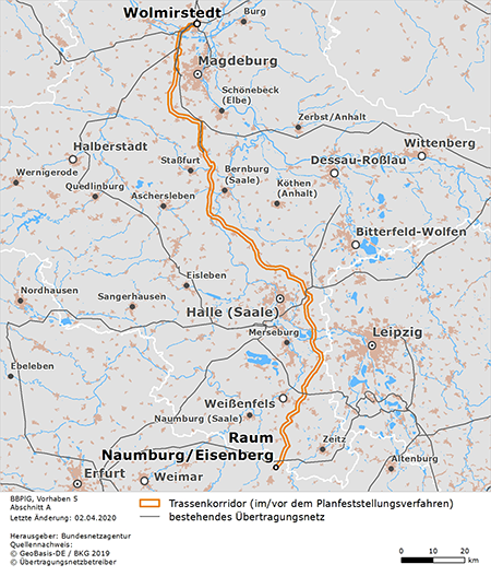 möglicher Trassenverlauf des Abschnitts A (Wolmirstedt – Raum Naumburg/Eisenberg) des BBPlG-Vorhabens 5