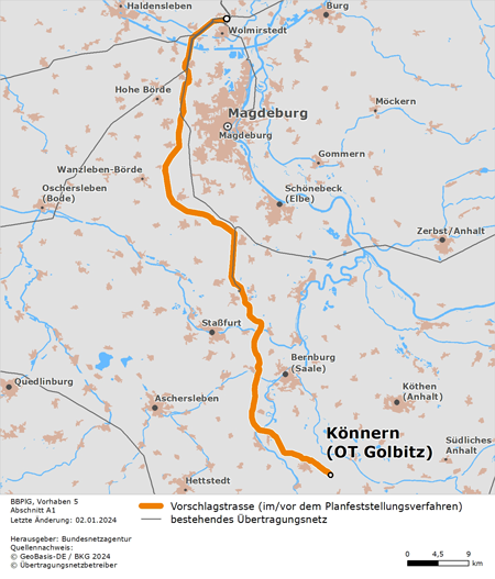 möglicher Trassenverlauf des Abschnitts Sachsen-Anhalt Nord des BBPlG-Vorhabens 5