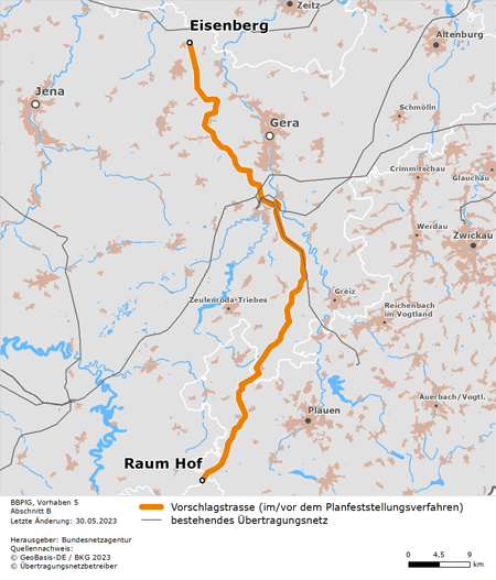 möglicher Trassenverlauf des Abschnitts B (Thüringen/Sachsen) des BBPlG-Vorhabens 5