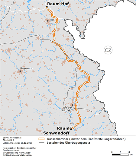 möglicher Trassenverlauf des Abschnitts C (Raum Hof – Raum Schwandorf) des BBPlG-Vorhabens 5