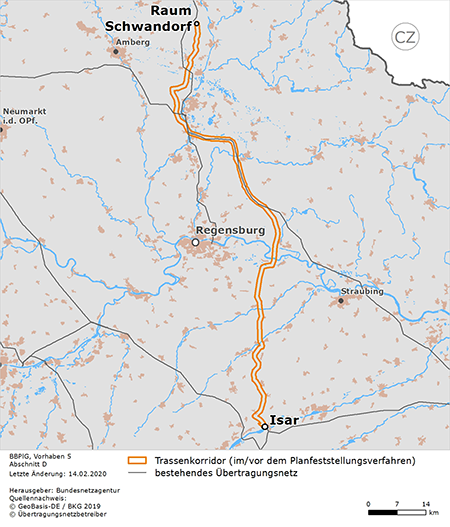 möglicher Trassenverlauf des Abschnitts D (Raum Schwandorf – Isar) des BBPlG-Vorhabens 5