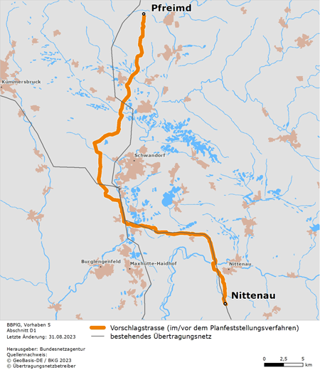 möglicher Trassenverlauf des Abschnitts Pfreimd – Nittenau des BBPlG-Vorhabens 5