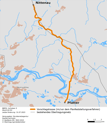 möglicher Trassenverlauf des Abschnitts Nittenau – Pfatter des BBPlG-Vorhabens 5