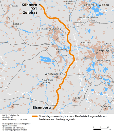 möglicher Trassenverlauf des Abschnitts Sachsen-Anhalt Süd / Thüringen Nord des BBPlG-Vorhabens 5a