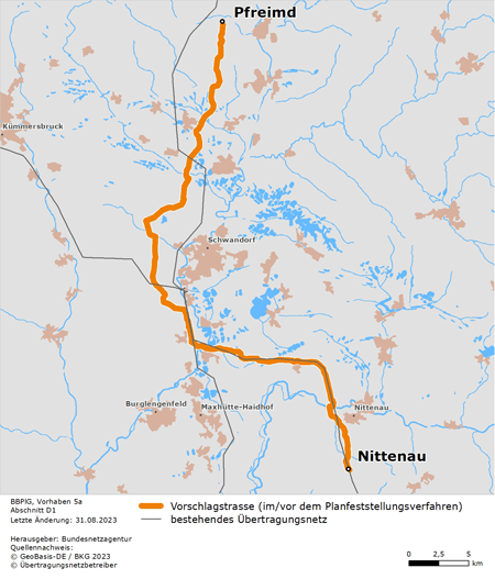 möglicher Trassenverlauf des Abschnitts Pfreimd – Nittenau des BBPlG-Vorhabens 5a