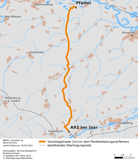 möglicher Trassenverlauf des Abschnitts Pfatter – A92 bei Isar des BBPlG-Vorhabens 5a