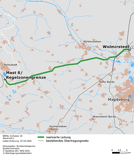 Trassenverlauf des Abschnitts Wolmirstedt – Regelzonengrenze des BBPlG-Vorhabens 10