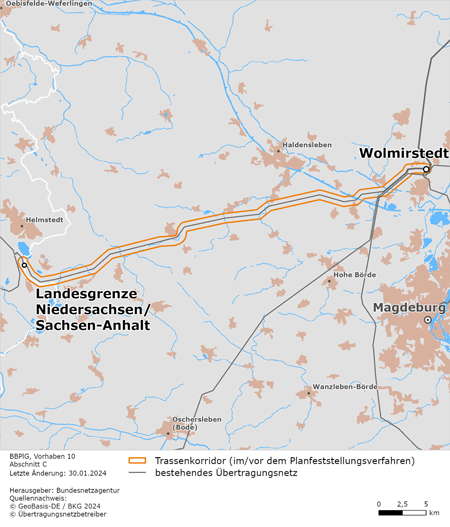 Trassenverlauf des Abschnitts Landesgrenze Niedersachsen/Sachsen-Anhalt – Wolmirstedt des BBPlG-Vorhabens 10