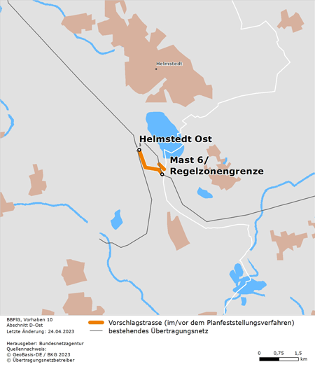 möglicher Trassenverlauf des Abschnitts Regelzonengrenze – Helmstedt Ost des BBPlG-Vorhabens 10