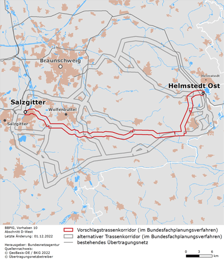 möglicher Trassenverlauf des Abschnitts Helmstedt Ost – Salzgitter des BBPlG-Vorhabens 10