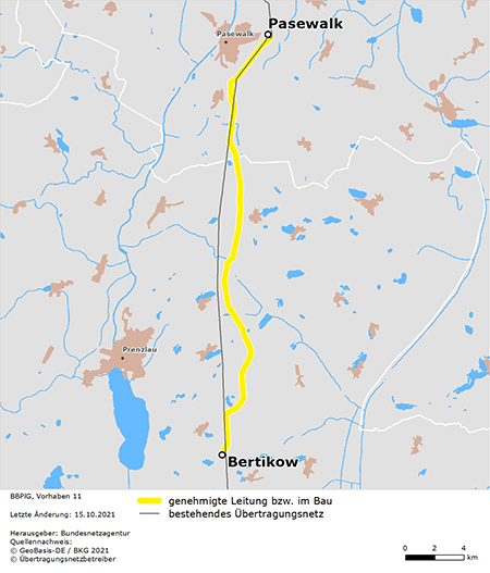 möglicher Trassenverlauf der Leitung Bertikow – Pasewalk (BBPlG-Vorhaben 11); eine detaillierte Darstellung finden Sie in den Antragsunterlagen