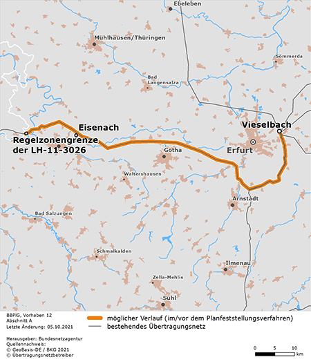 möglicher Trassenverlauf des Abschnitts A (Vieselbach – Regelzonengrenze) des BBPlG-Vorhabens 12