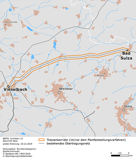 festgelegter Trassenkorridor des Abschnitts Bad Sulza – Vieselbach des BBPlG-Vorhabens 13