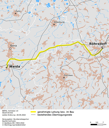 Trassenverlauf des Abschnitts Ost (Röhrsdorf – Weida) des BBPlG-Vorhabens 14