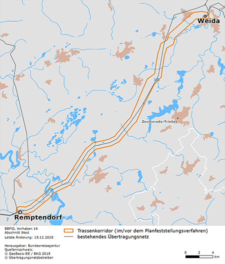 Trassenkorridor des Abschnitts West (Weida – Remptendorf) des BBPlG-Vorhabens 14