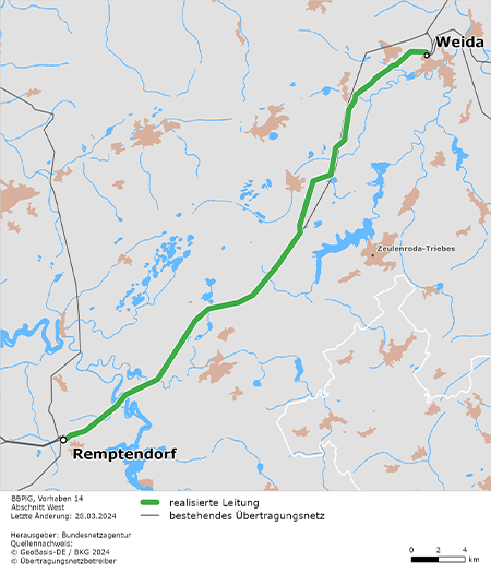 Trassenverlauf des Abschnitts West (Weida - Remptendorf) des BBPlG-Vorhabens 14