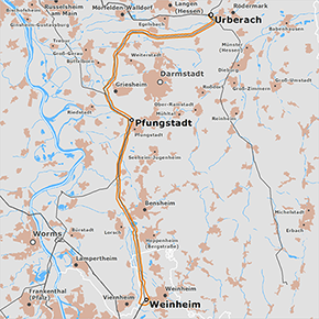 möglicher Trassenverlauf des Abschnitts Urberach – Pfungstadt – Weinheim des BBPlG-Vorhabens 19
