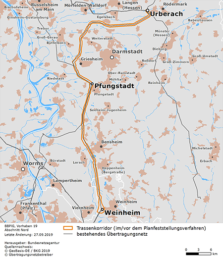 möglicher Trassenverlauf des Abschnitts Urberach – Pfungstadt – Weinheim des BBPlG-Vorhabens 19