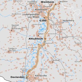 möglicher Trassenverlauf des Abschnitts Weinheim – Daxlanden des BBPlG-Vorhabens 19; eine detaillierte Darstellung finden Sie in den Antragsunterlagen