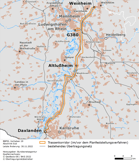 festgelegter Trassenverlauf des Abschnitts Weinheim – Daxlanden des BBPlG-Vorhabens 19; eine detaillierte Darstellung finden Sie in den Anlagen zur Bundesfachplanungsentscheidung