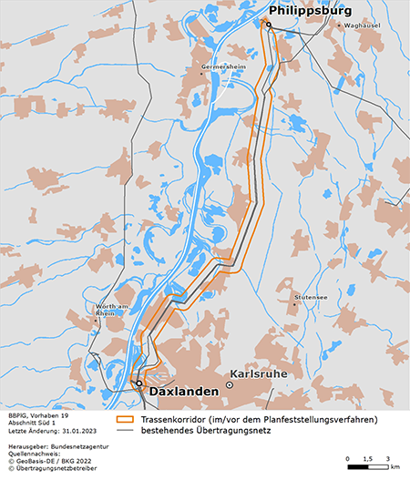 möglicher Trassenverlauf des Abschnitts Philippsburg – Daxlanden des BBPlG-Vorhabens 19