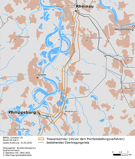 möglicher Trassenverlauf des Abschnitts Rheinau – Philippsburg des BBPlG-Vorhabens 19