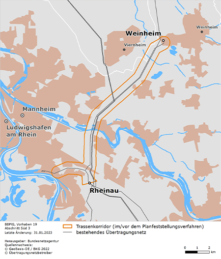möglicher Trassenverlauf des Abschnitts Weinheim - Rheinau des BBPlG-Vorhabens 19