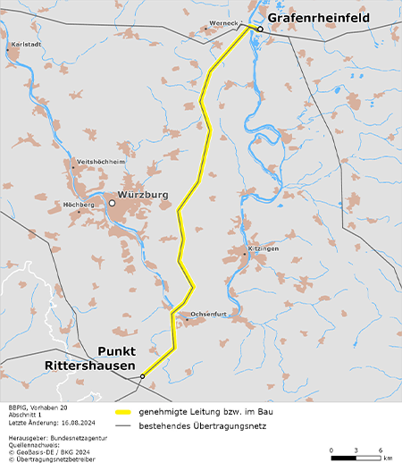 möglicher Trassenverlauf des Abschnitts Grafenrheinfeld – Rittershausen des BBPlG-Vorhabens 20