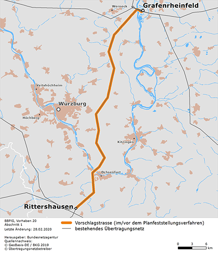 möglicher Trassenverlauf des Abschnitts Grafenrheinfeld – Rittershausen des BBPlG-Vorhabens 20