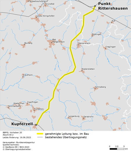 Trassenverlauf des Abschnitts Punkt Rittershausen – Kupferzell des BBPlG-Vorhabens 20