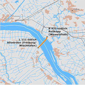 möglicher Trassenverlauf des Abschnitts B 431 südlich Roßkopp (Wewelsfleth) – L 111 östlich Allwörden (Freiburg/Wischhafen) des BBPlG-Vorhabens 48 möglicher Trassenverlauf des Abschnitts B 431 südlich Roßkopp (Wewelsfleth) – L 111 östlich Allwörden (Freiburg/Wischhafen) des BBPlG-Vorhabens 48