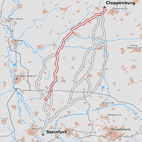 möglicher Trassenverlauf des Abschnitts Cloppenburg – Steinfurt des BBPlG-Vorhabens 48