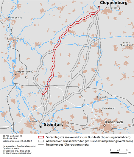 möglicher Trassenverlauf des Abschnitts Cloppenburg – Steinfurt des BBPlG-Vorhabens 48