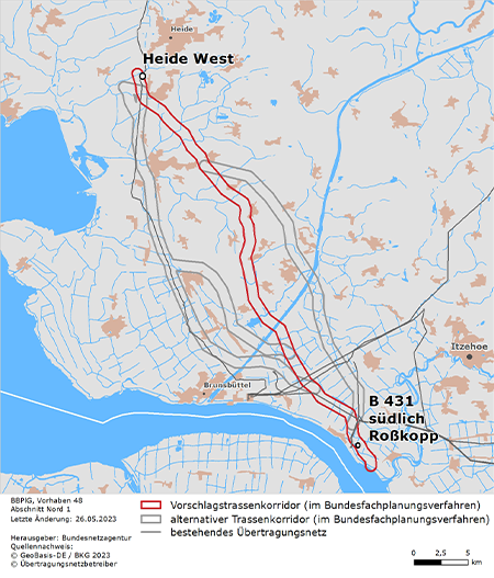 möglicher Trassenverlauf des Abschnitts Heide West – B 431 südlich Roßkopp (Wewelsfleth) des BBPlG-Vorhabens 48