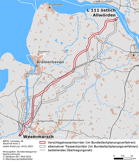 Vorschlagstrassenkorridor des Abschnitts L111 östlich Allwörden (Freiburg/Wischhafen) – Wesermarsch des BBPlG-Vorhabens 48