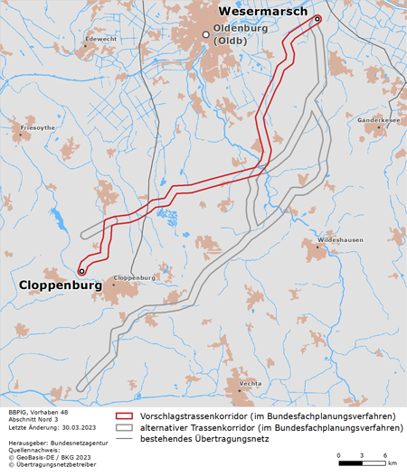 möglicher Trassenverlauf des Abschnitts Wesermarsch – Cloppenburg des BBPlG-Vorhabens 48