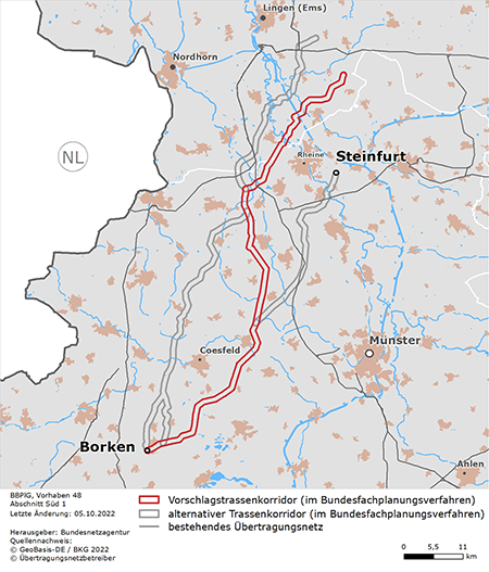möglicher Trassenverlauf des Abschnitts Steinfurt – Borken des BBPlG-Vorhabens 48