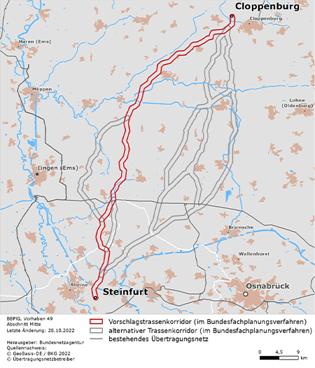 möglicher Trassenverlauf des Abschnitts Cloppenburg – Steinfurt des BBPlG-Vorhabens 49