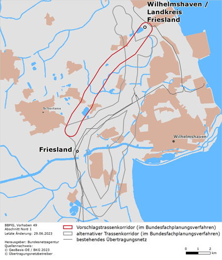 möglicher Trassenverlauf des Abschnitts Wilhelmshaven / Landkreis Friesland – Friesland des BBPlG-Vorhabens 49